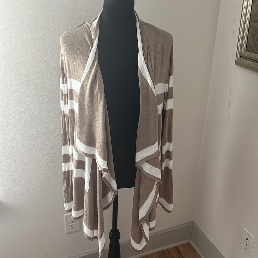 VERVE open front cascade light long cardigan tan ivory stripes Sz M 100% rayon